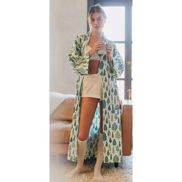 Anthropologie printfresh christmas trees cotton robe S/M - Picture 1 of 5